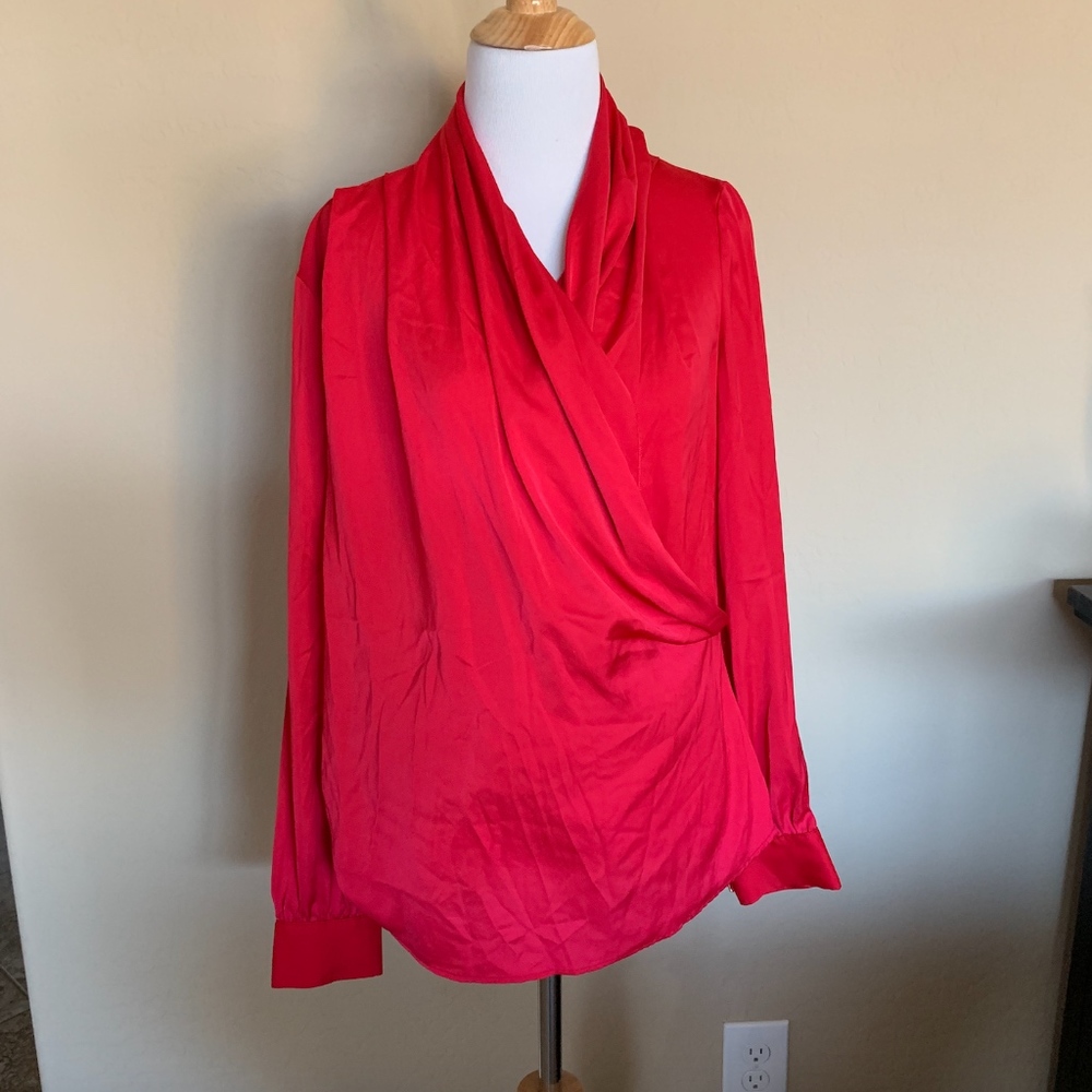 Red Silky Satin Cross Front Blouse Women’s Large